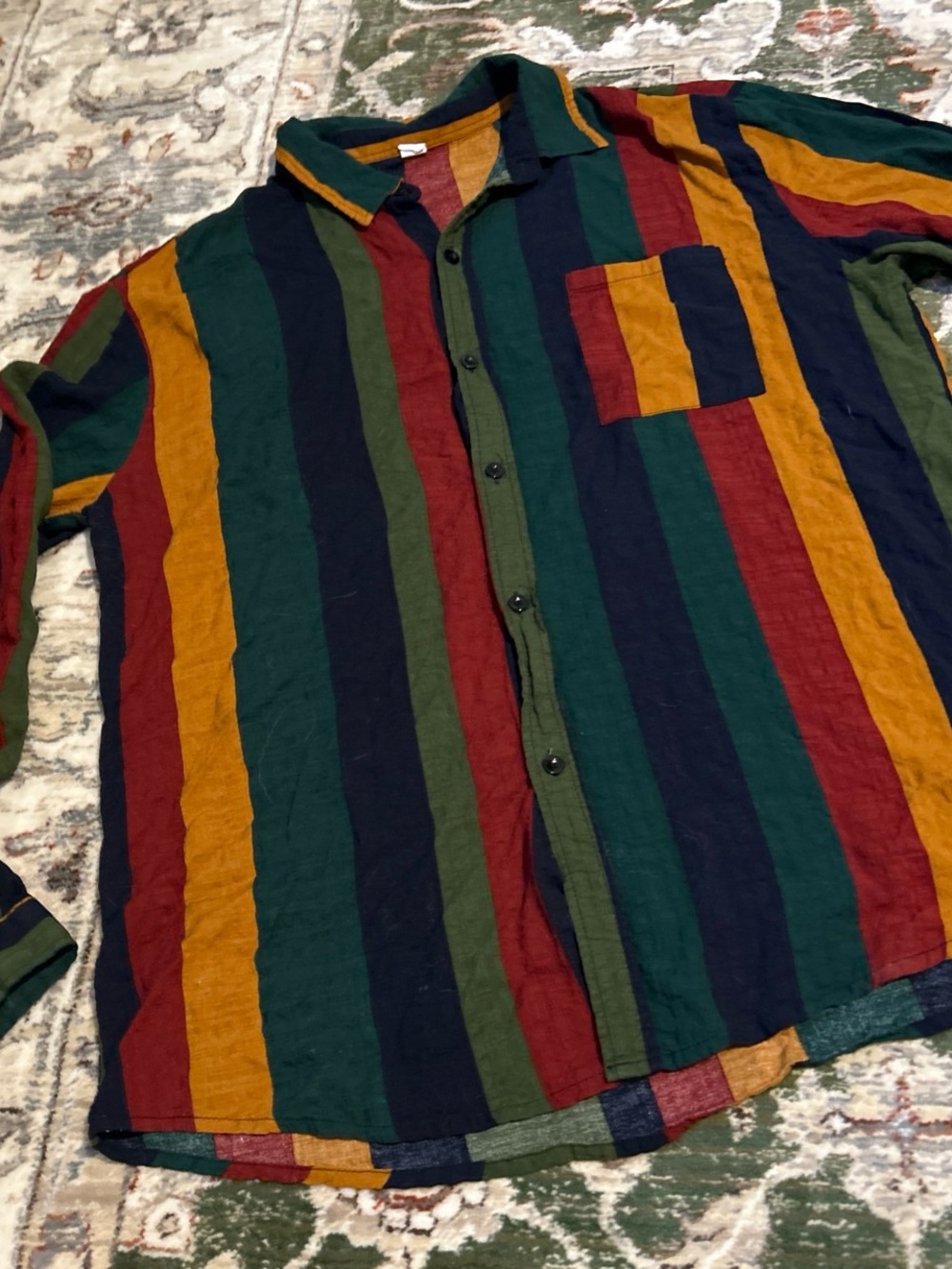 Men's Long-Sleeve Striped Button-Up Shirt in Green/Red/Gold